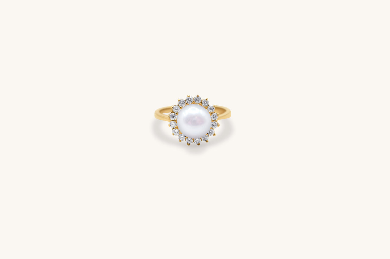 Pearl & Diamond Halo Sunburst Ring